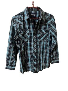 Wrangler Western Cowboy Plaid Pearl Snap Blue Boys XL 14-16 SEE DESCRIPTIOn